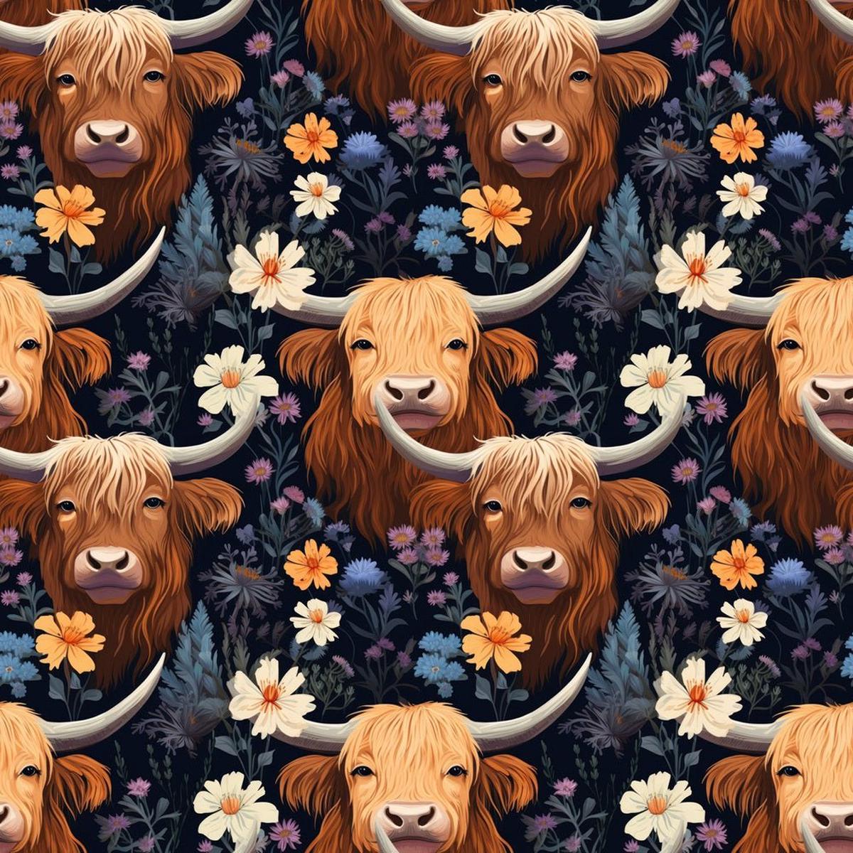 Floral Highland Cows Pattern #4 Fabric