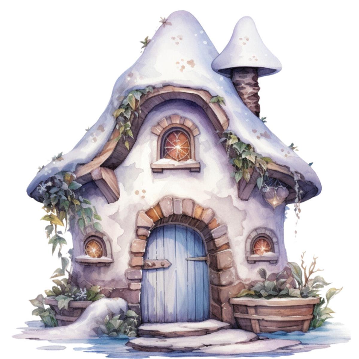 Watercolor Winter Houses Fabric Panel 41