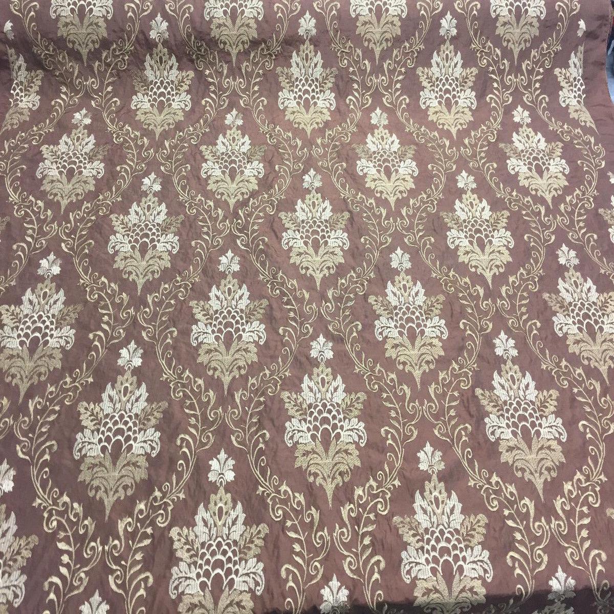 Brown Gold Damask Embroidered Faux Silk Polyester Drapery Fabric by the yard