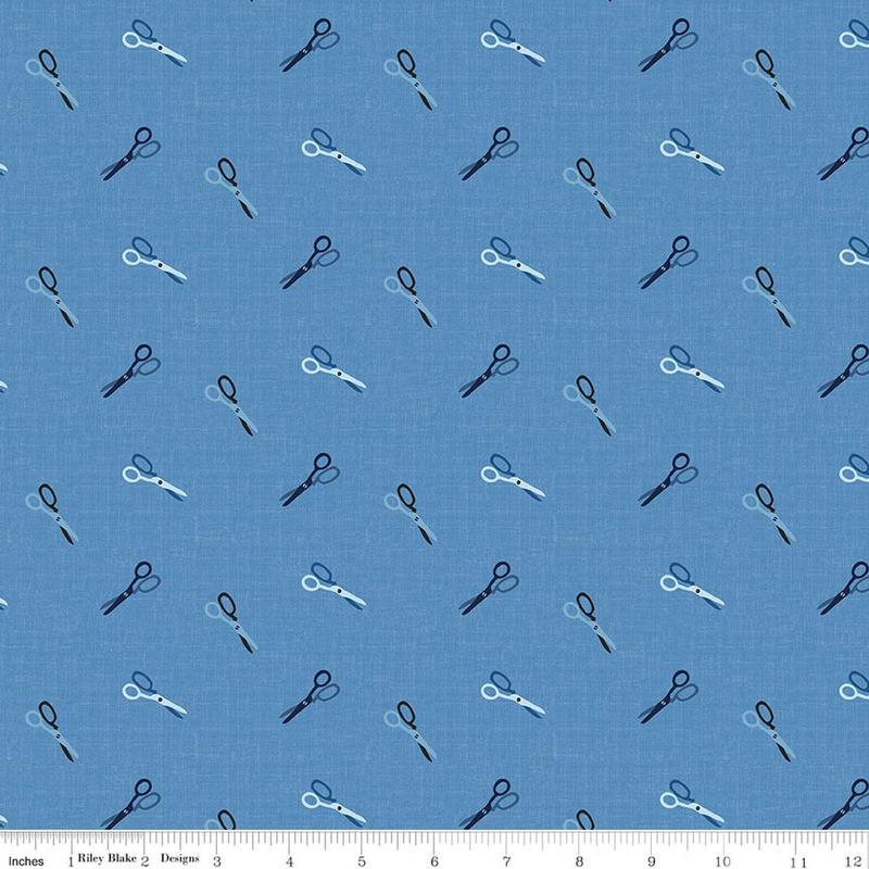 Fabric Riley Blake Blue Scissors Blue Blooms and Threads by the Quarter Yard C17125-BLUE