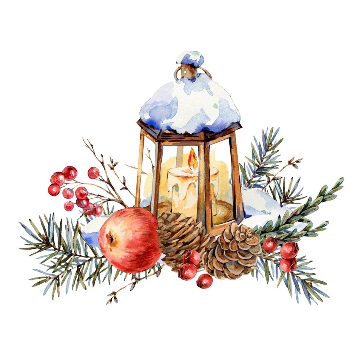 Vintage Christmas Lantern Branches Fabric Panel