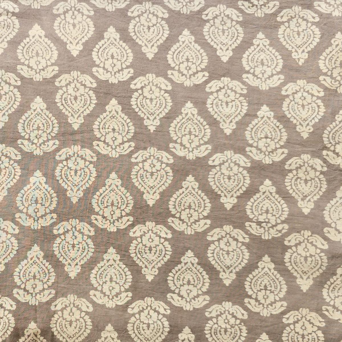 Pure Cotton Dabu Kashish Off White With Grey Flower Buds Up And Down Motif Design Hand Block Print Fabric
