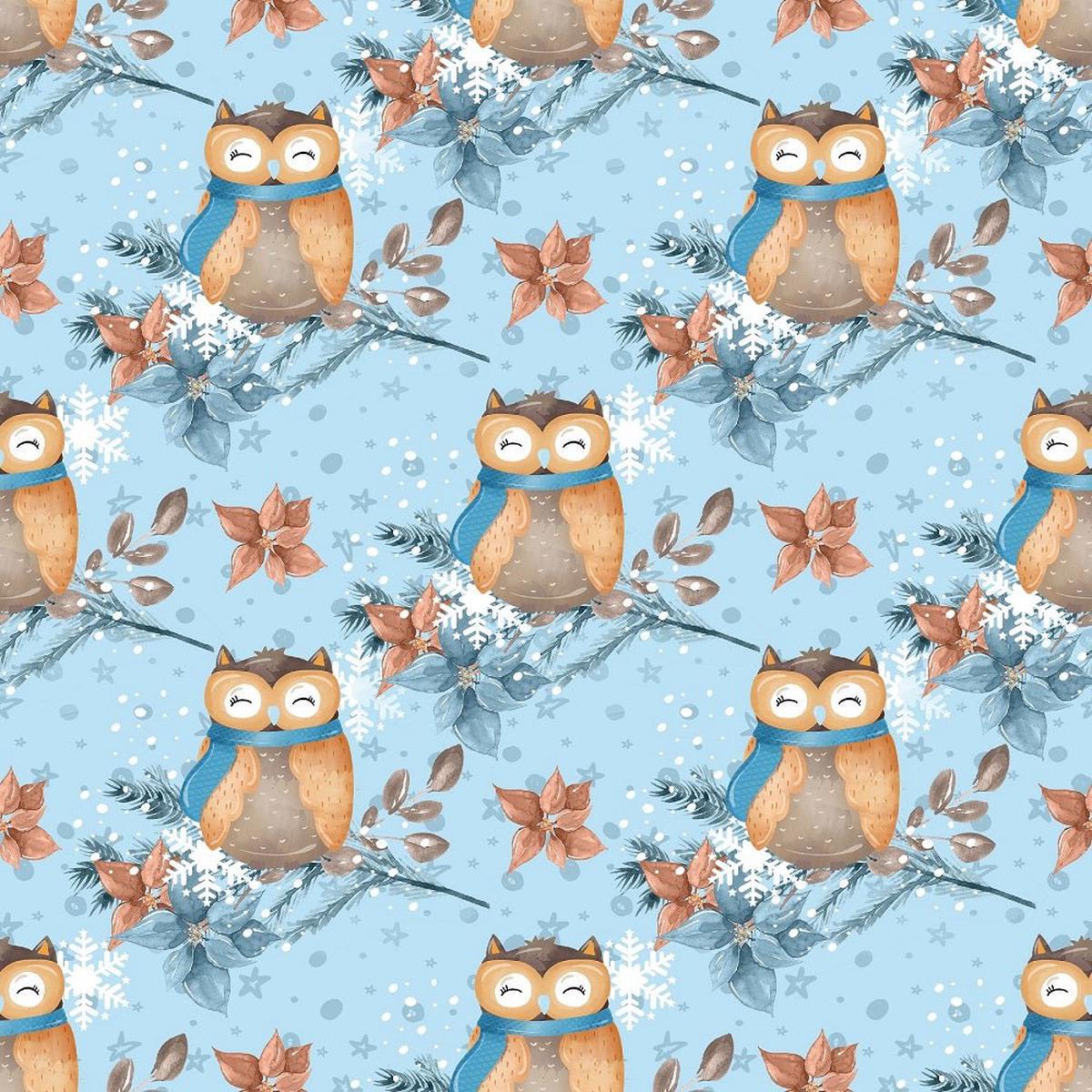 Winter Owl on Branch Fabric - Blue