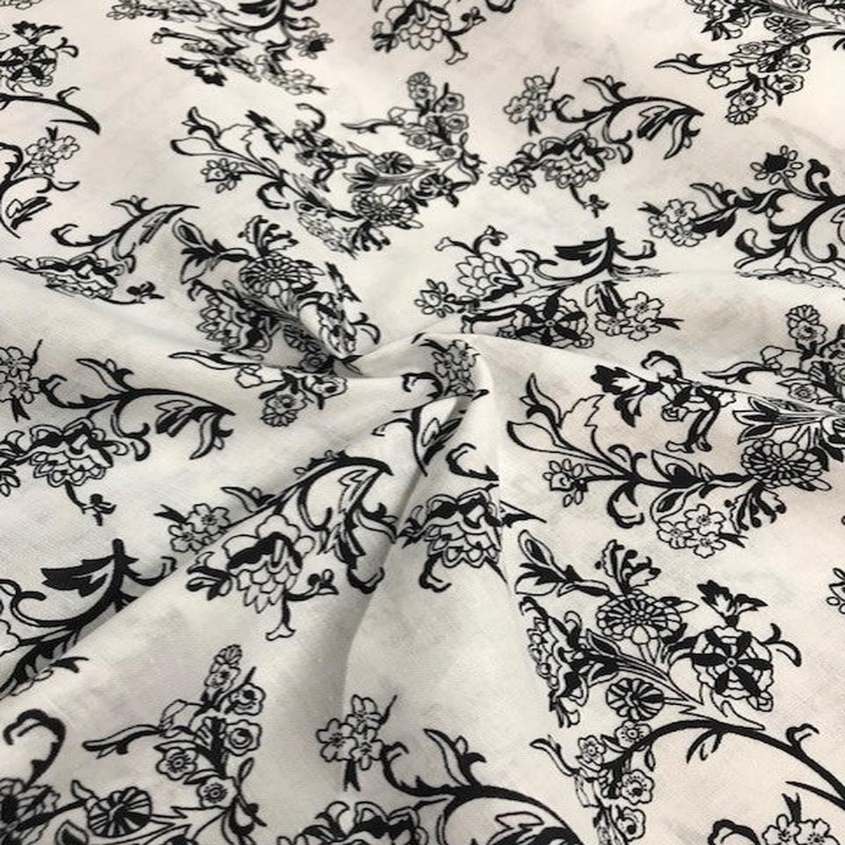 Modern White & Black Floral 100% Cotton Fabric x 150cm / 60" - T103