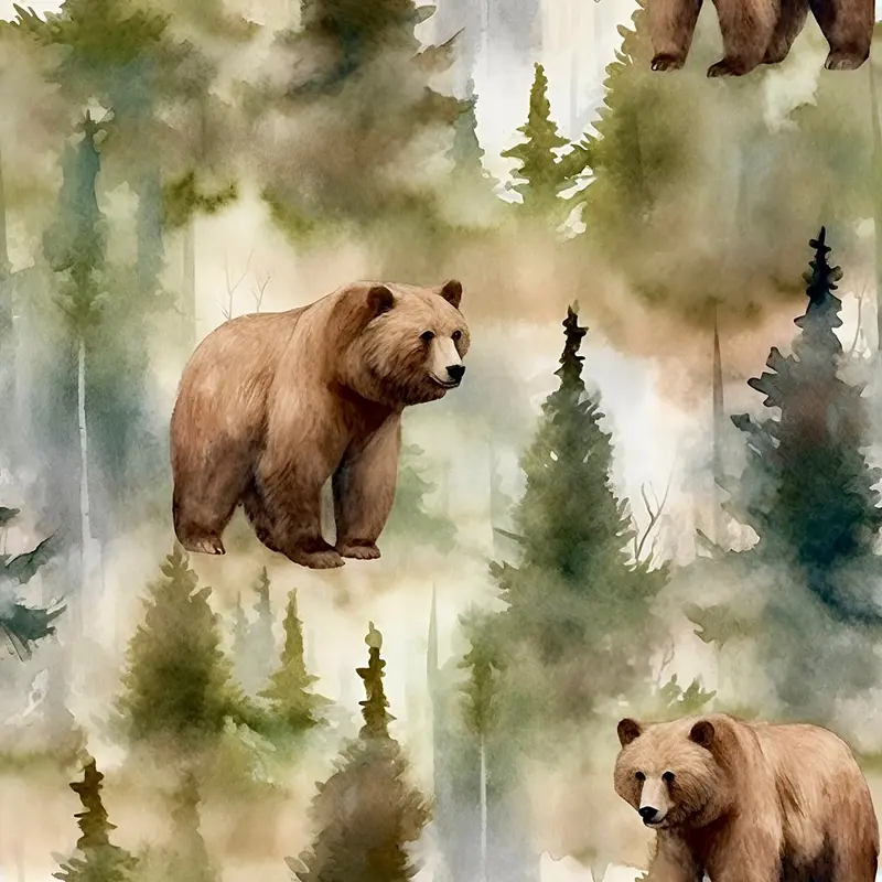 Grizzly Bears in Woods Pattern #3 Fabric