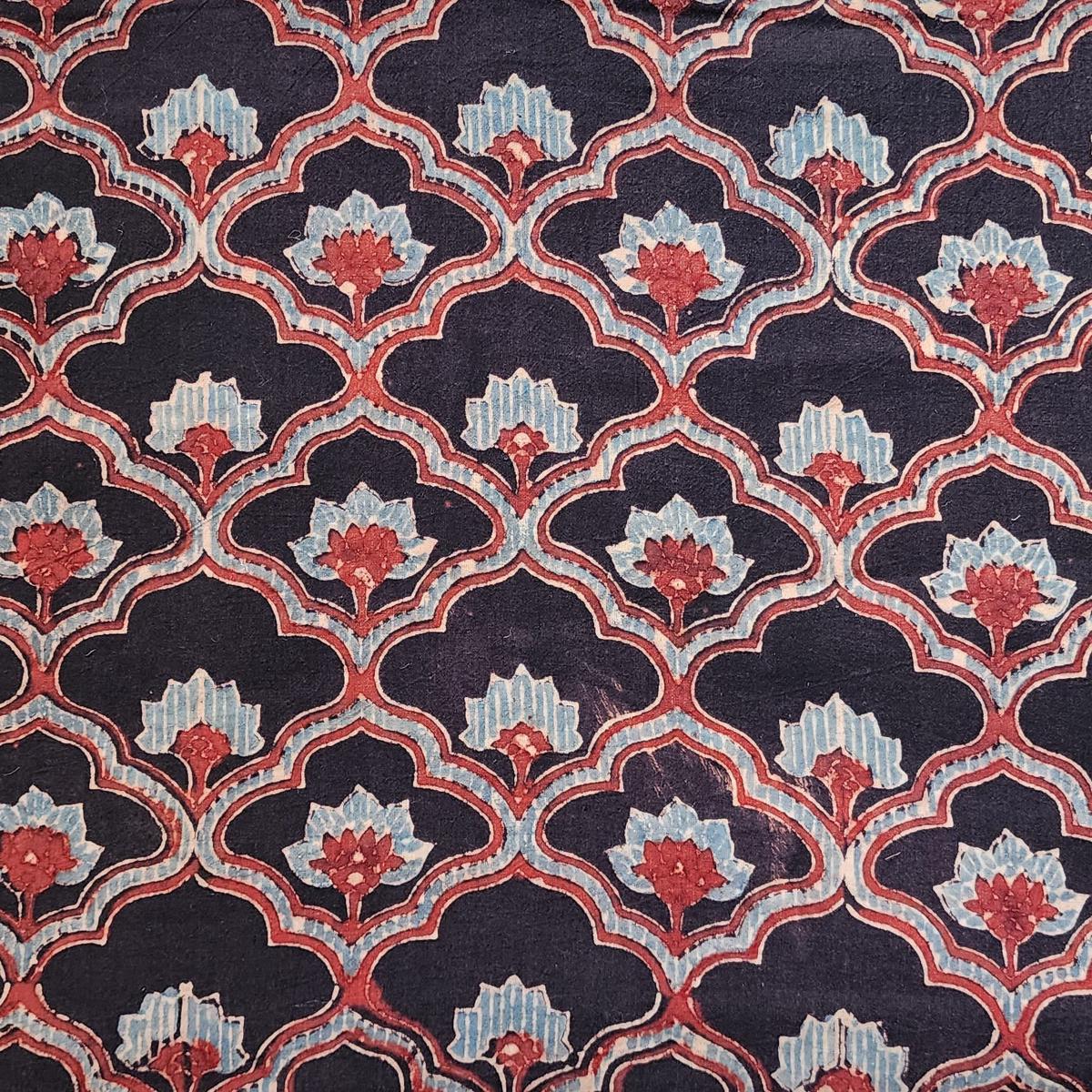 Pure Cotton Gad Ajrak Black With Blue And Red Flower Jaal Intricate Design Hand Block Print Fabric