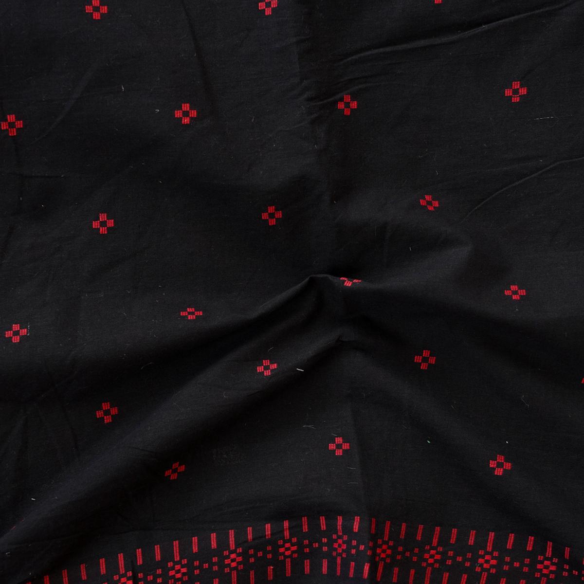 Pure Cotton Handloom Black With Red Motif Woven Fabric