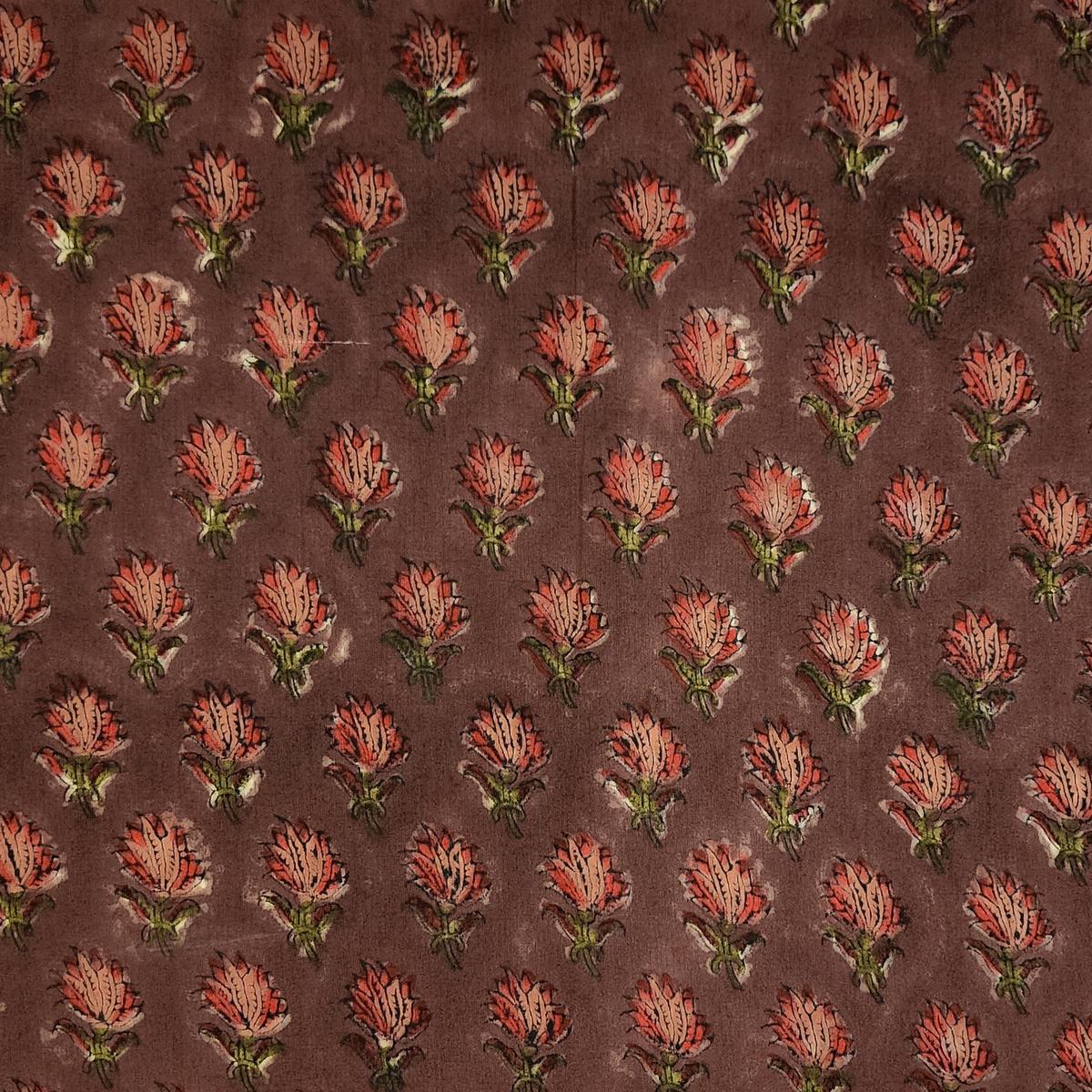 Pure Cotton Jaipuri Dark Brown With Peach Flower Buds Hand Block Print Fabric
