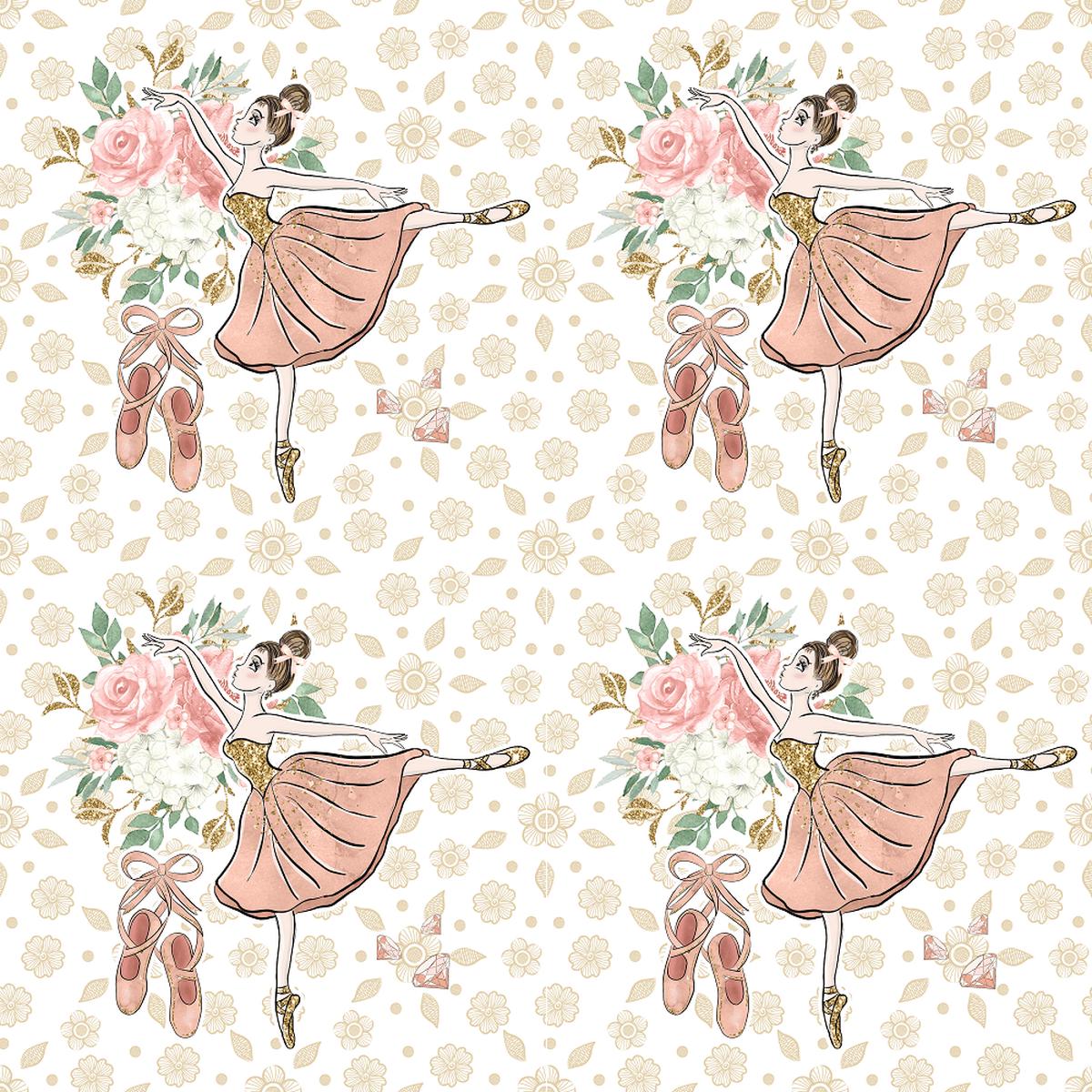 Elegant Dancing Ballerina on Dainty Floral Fabric - Tan