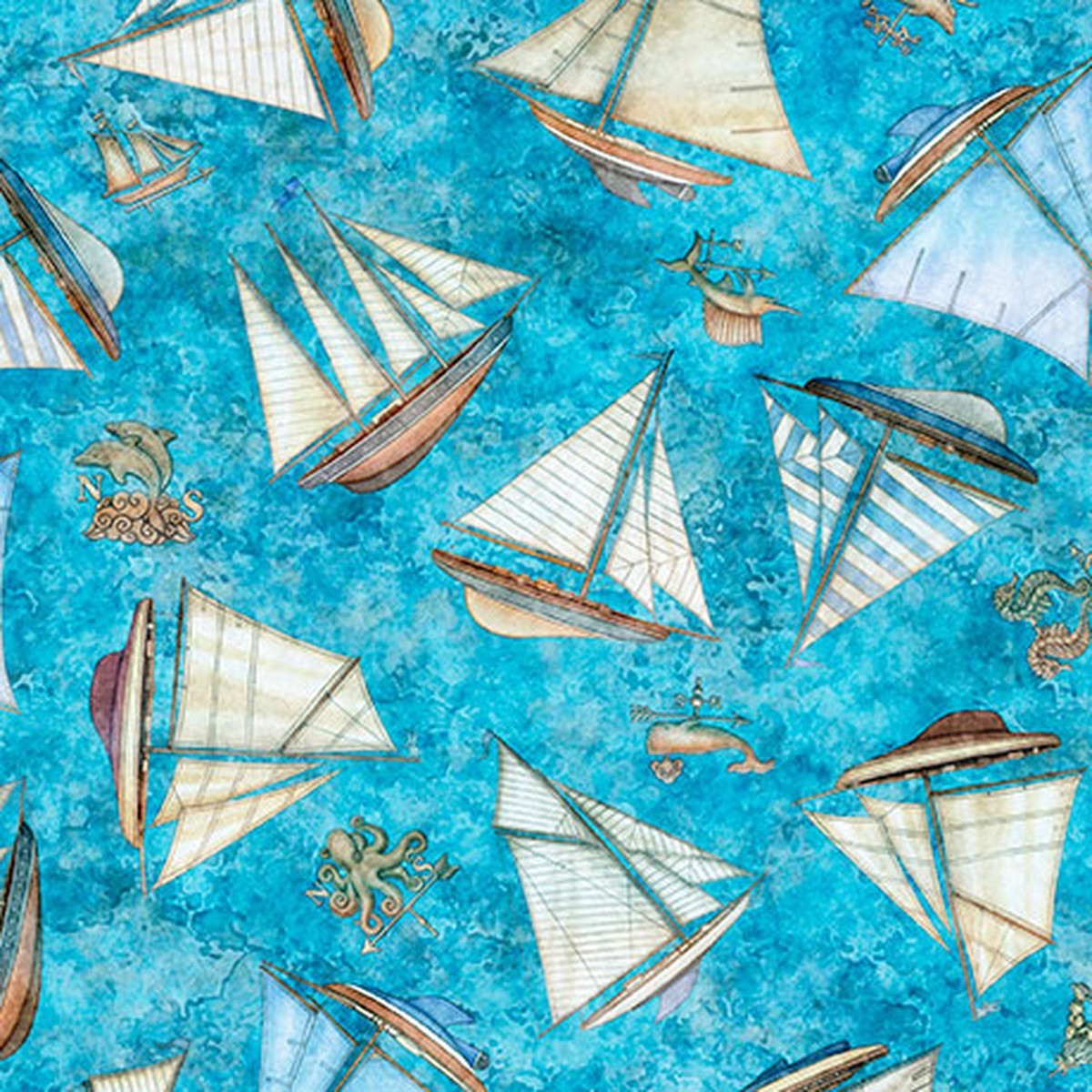 NAUTICUS SHIPS TOSS BLUE 44"/45" Fabric Per Yard