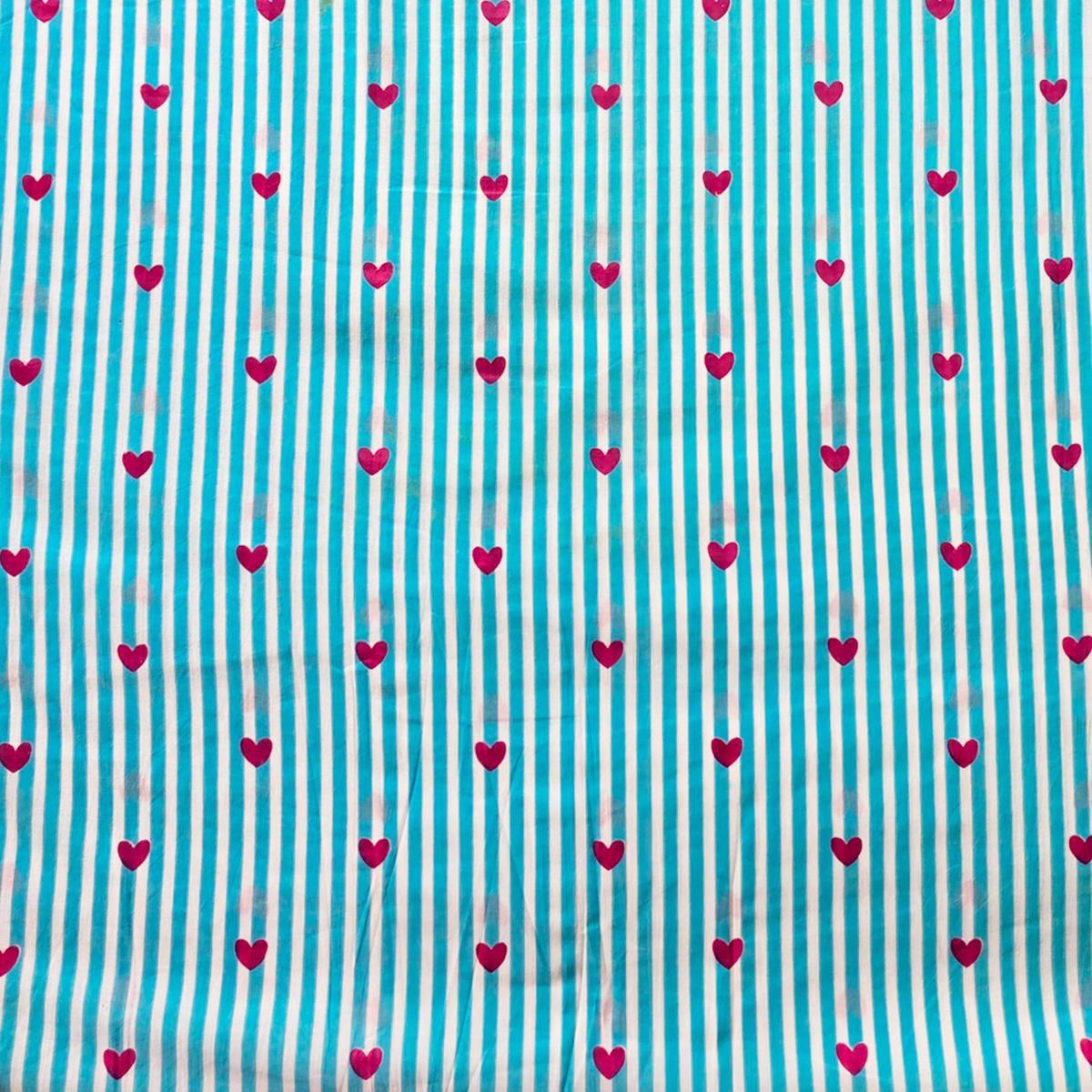 Pure Cotton Screen Print Sky Blue And White Stripes With Heart Motif Fabric