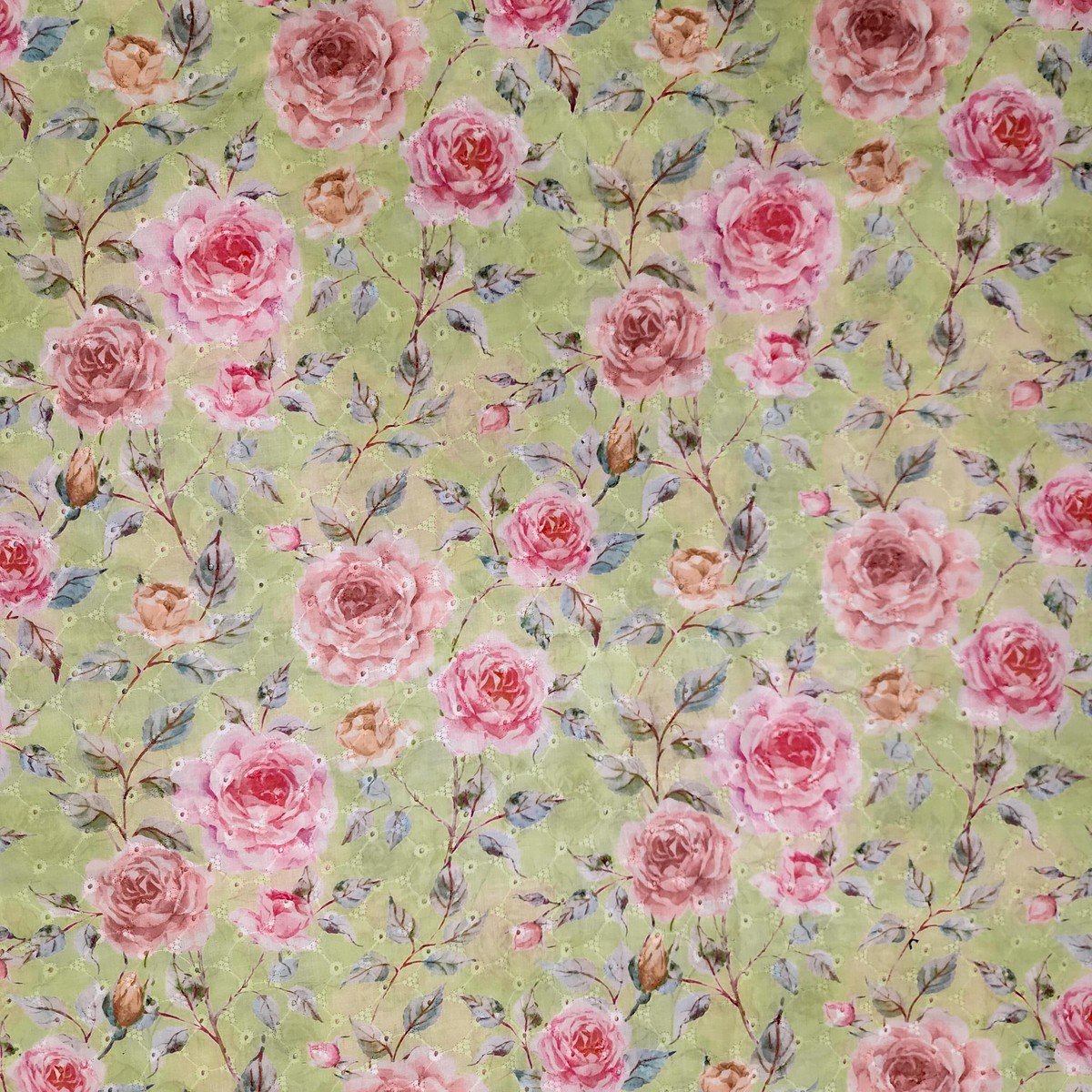 ( Width 42 Inches ) Pure Cotton Hakoba Light Floral Lemon Green With Pink Rose Screen Print Fabric