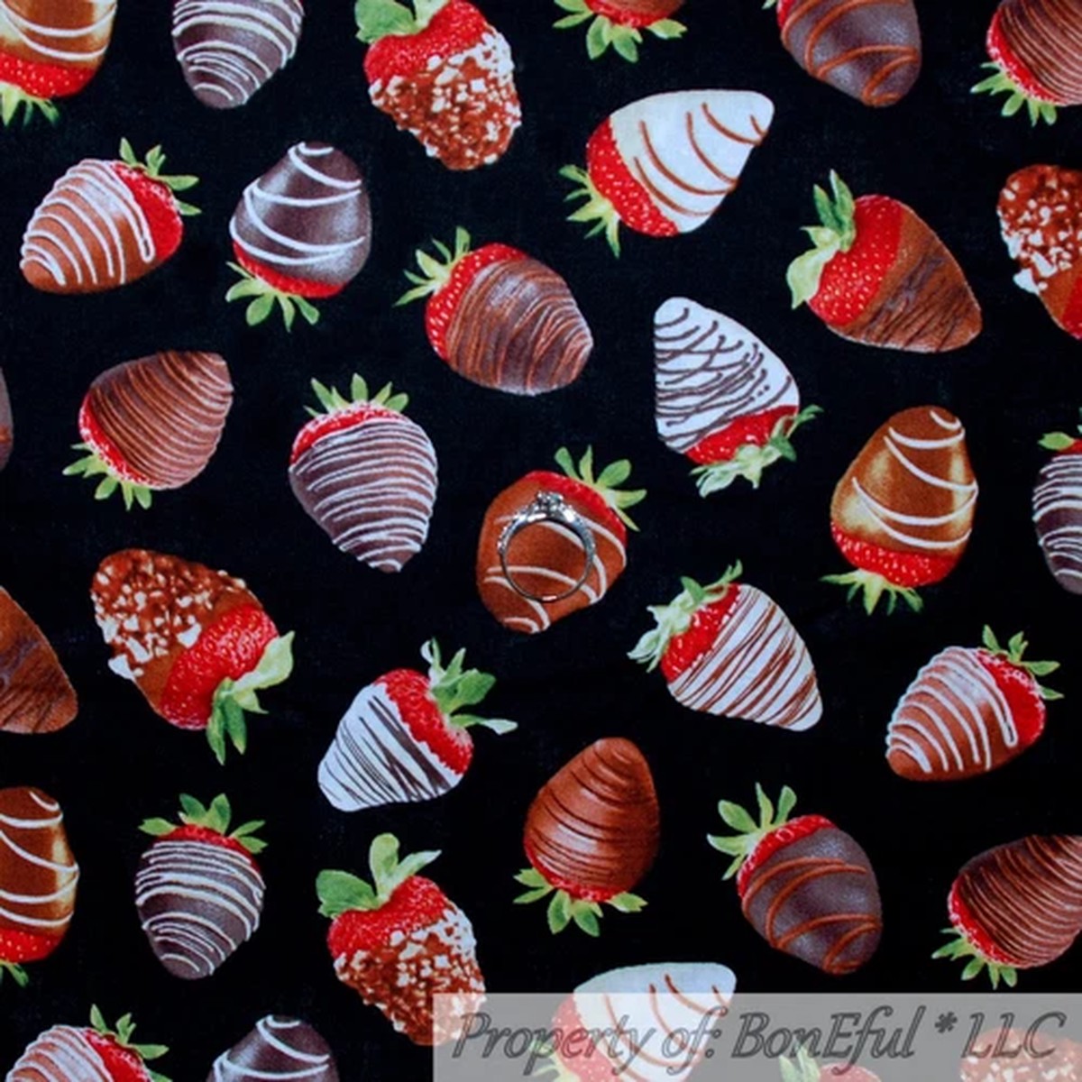 BonEful FABRIC FQ Cotton Quilt Black White B&W Chocolate RED Strawberry Dessert