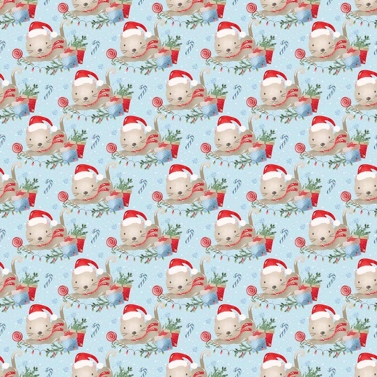 Holly Jolly Kitty Cat Fabric - Blue
