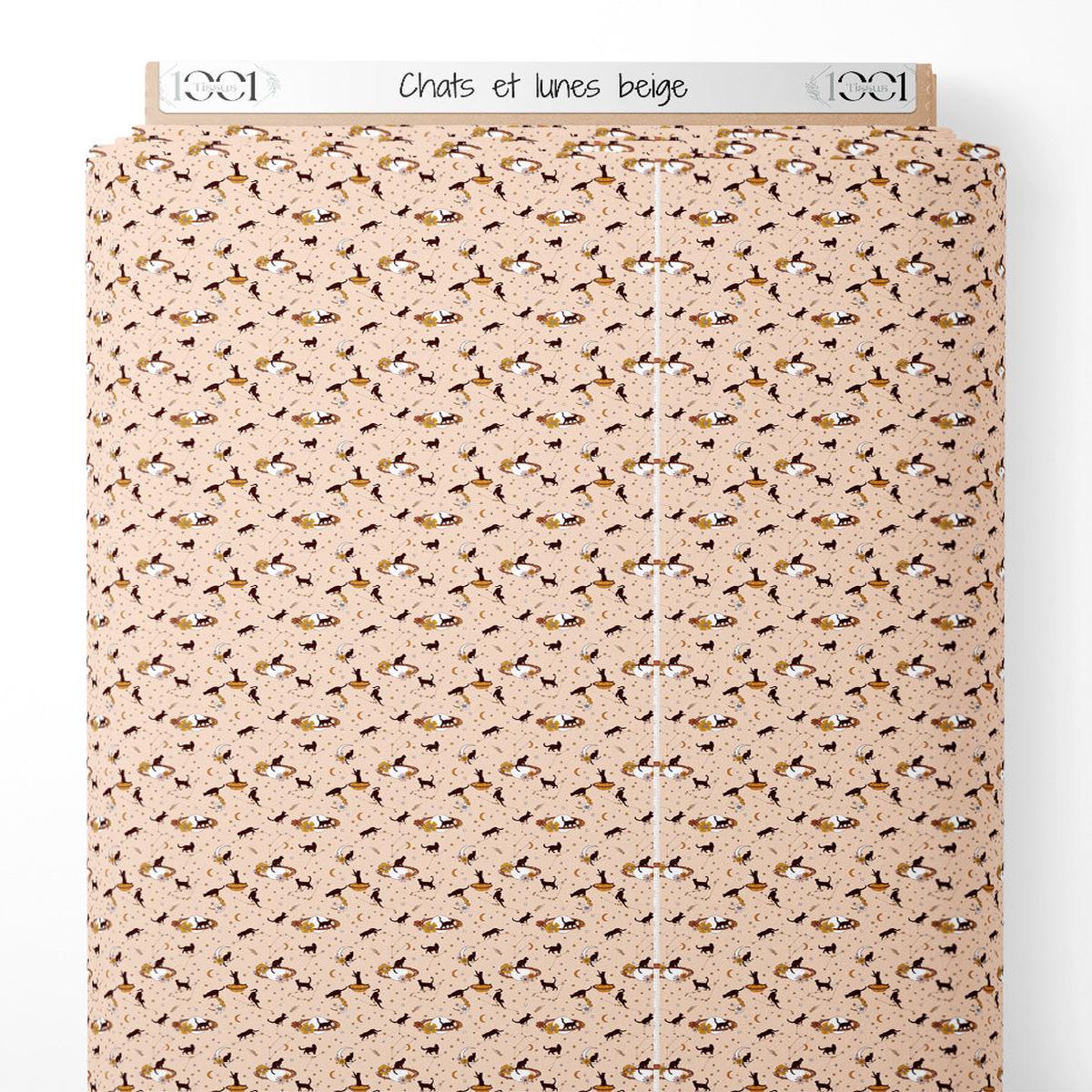 Tissu - Chats et lunes beige