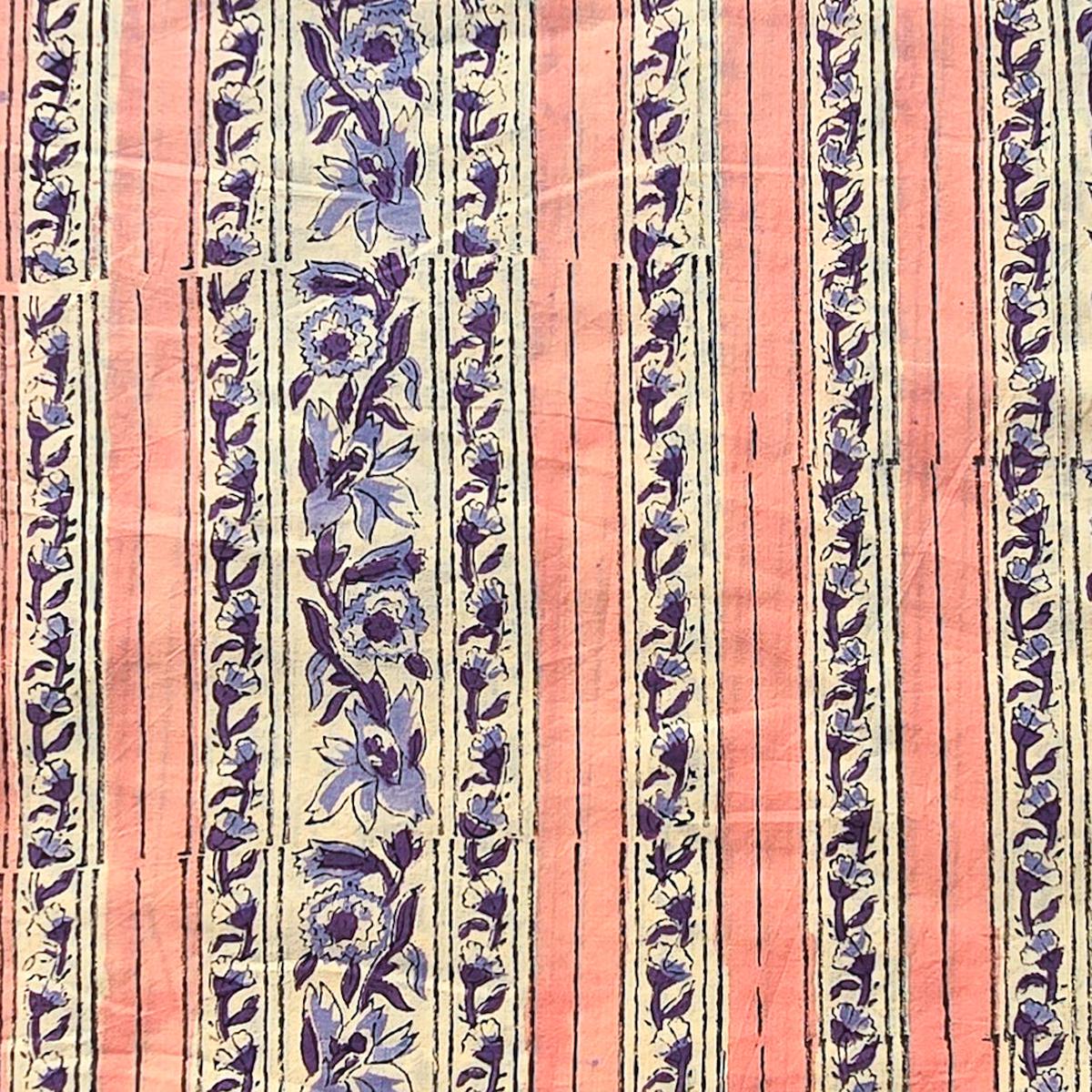 Pure Cotton Jaipuri Peach With Purple Border Design Stripes Hand Block Print Fabric