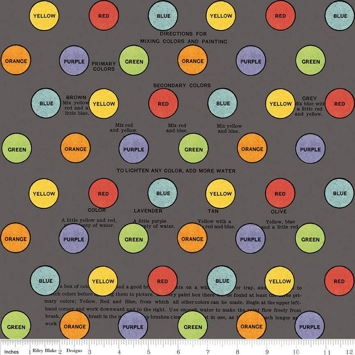 14" End of Bolt - Old School Primary Colors CD14965 Charcoal - Riley Blake - DIGITALLY PRINTED - Paint Dots Text - Quilting Cotton Fabric