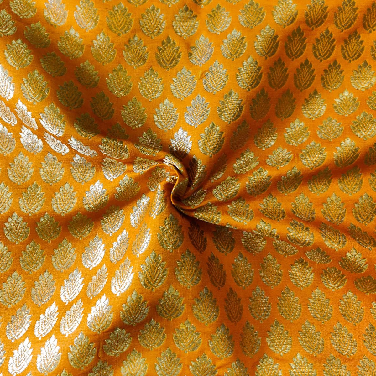 Light Orange Banarasi Brocade With Gold Leaf Butti Handwoven Fabric