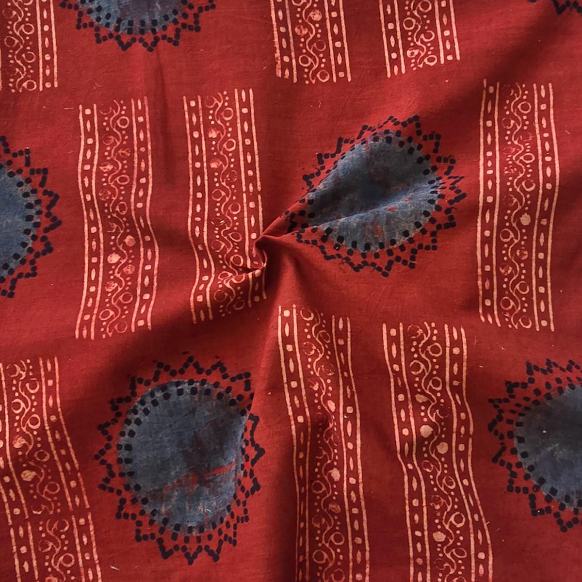 Pure Cotton Ajrak Red With Blue Flower Design Pattern Hand Block Print Fabric