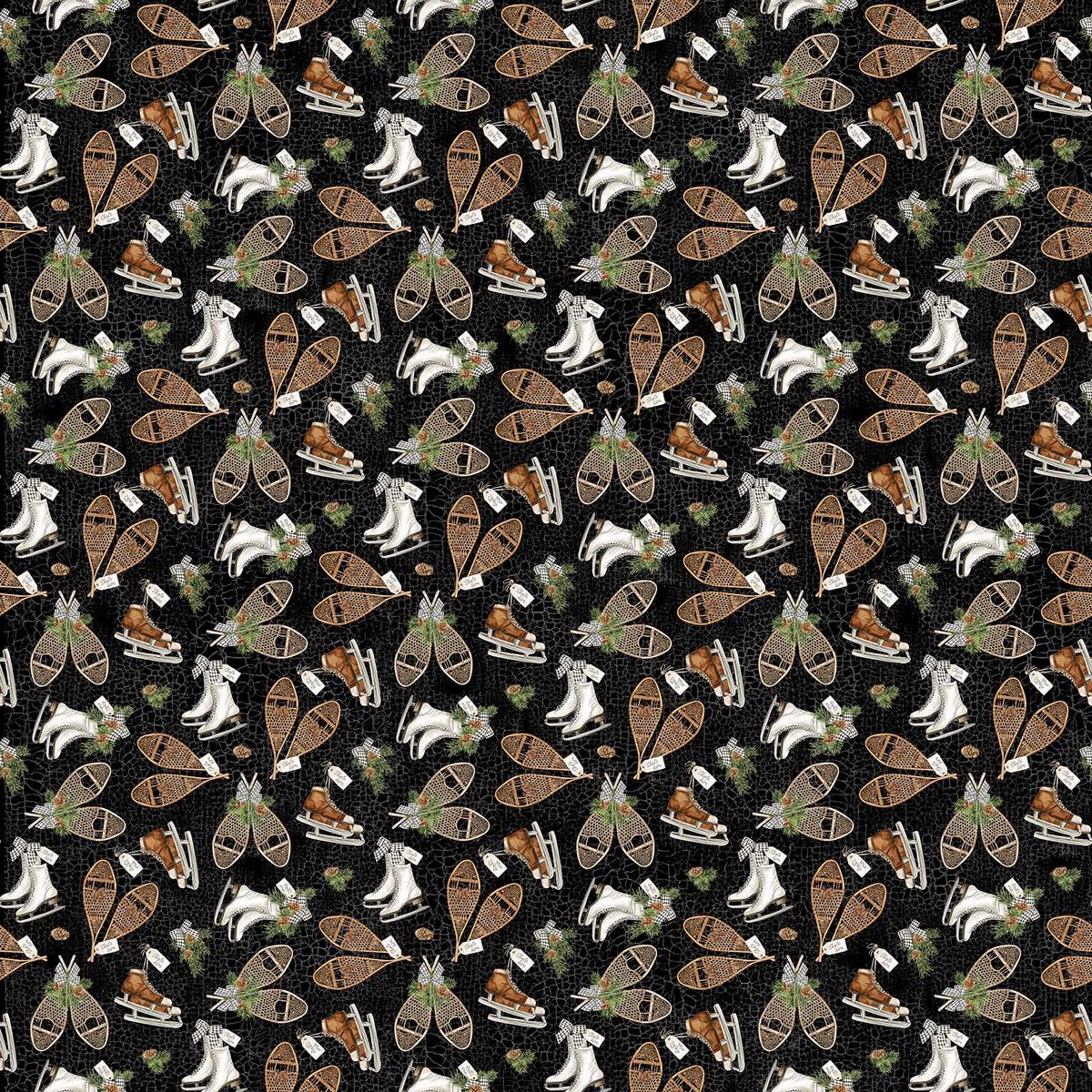 Alpine Winter Quilt Fabric Skates and Snowshoe Black