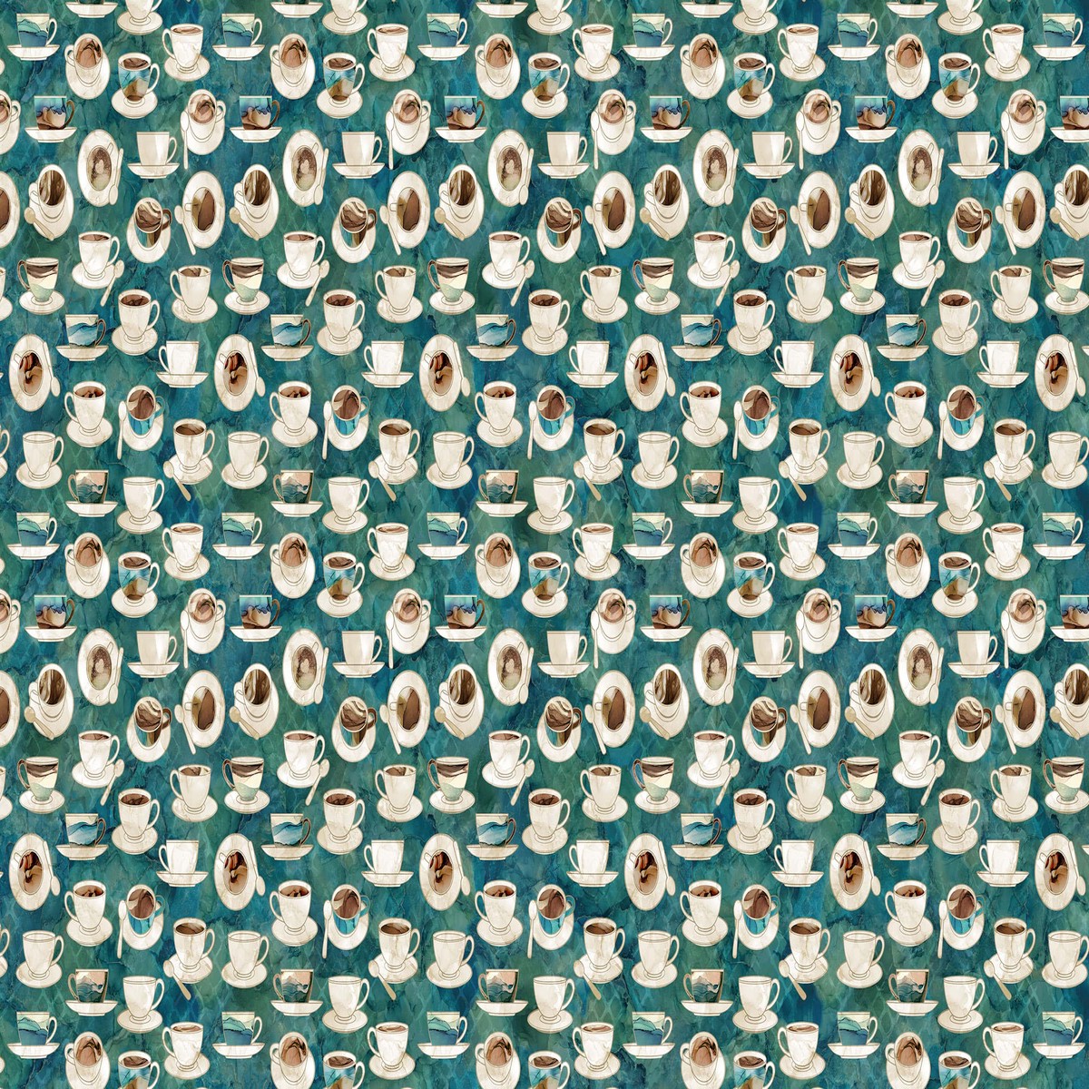Fabric, Barista, Cups and Saucers, Dark Teal Multi DP27698-68