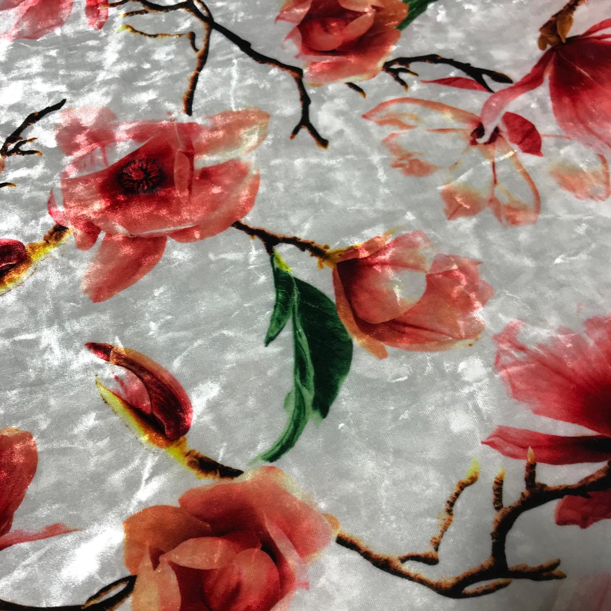 White & Coral Magnolia Floral - Stretch Polyester Velvet Fabric - 1/4 Yard by 60"