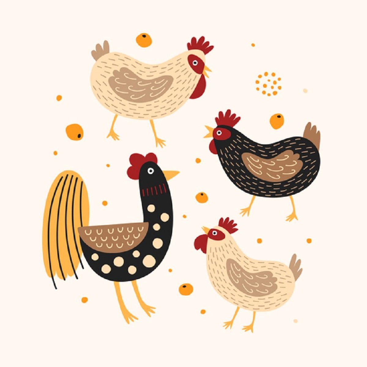 Funny Roosters Hens Fabric Panel - Tan