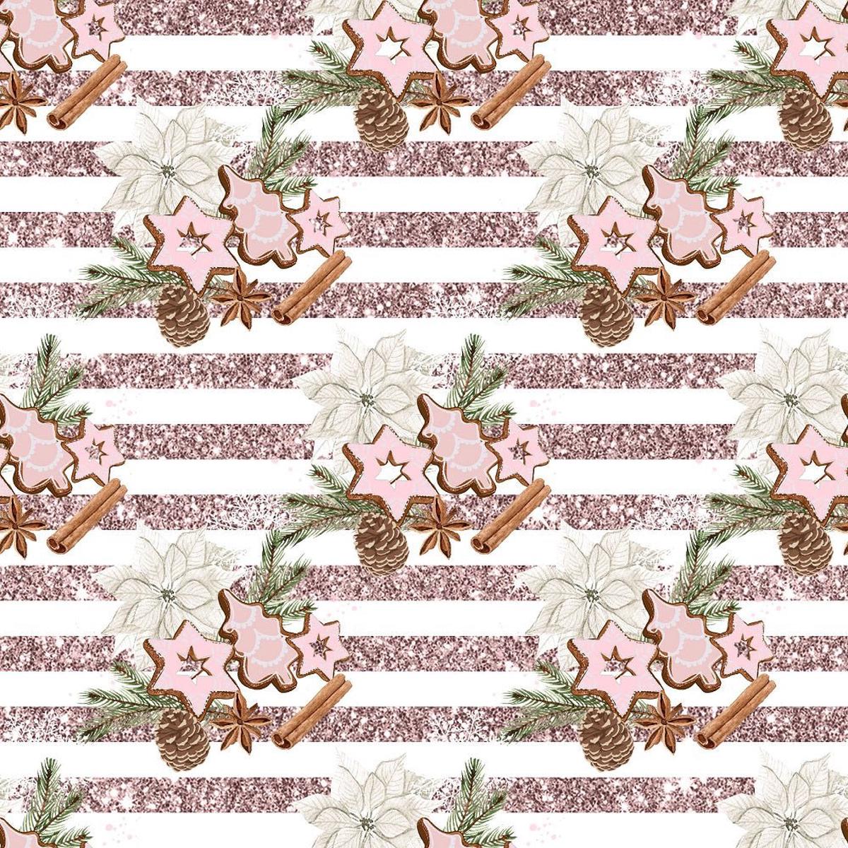 Christmas Elements on Stripes Fabric - Pink