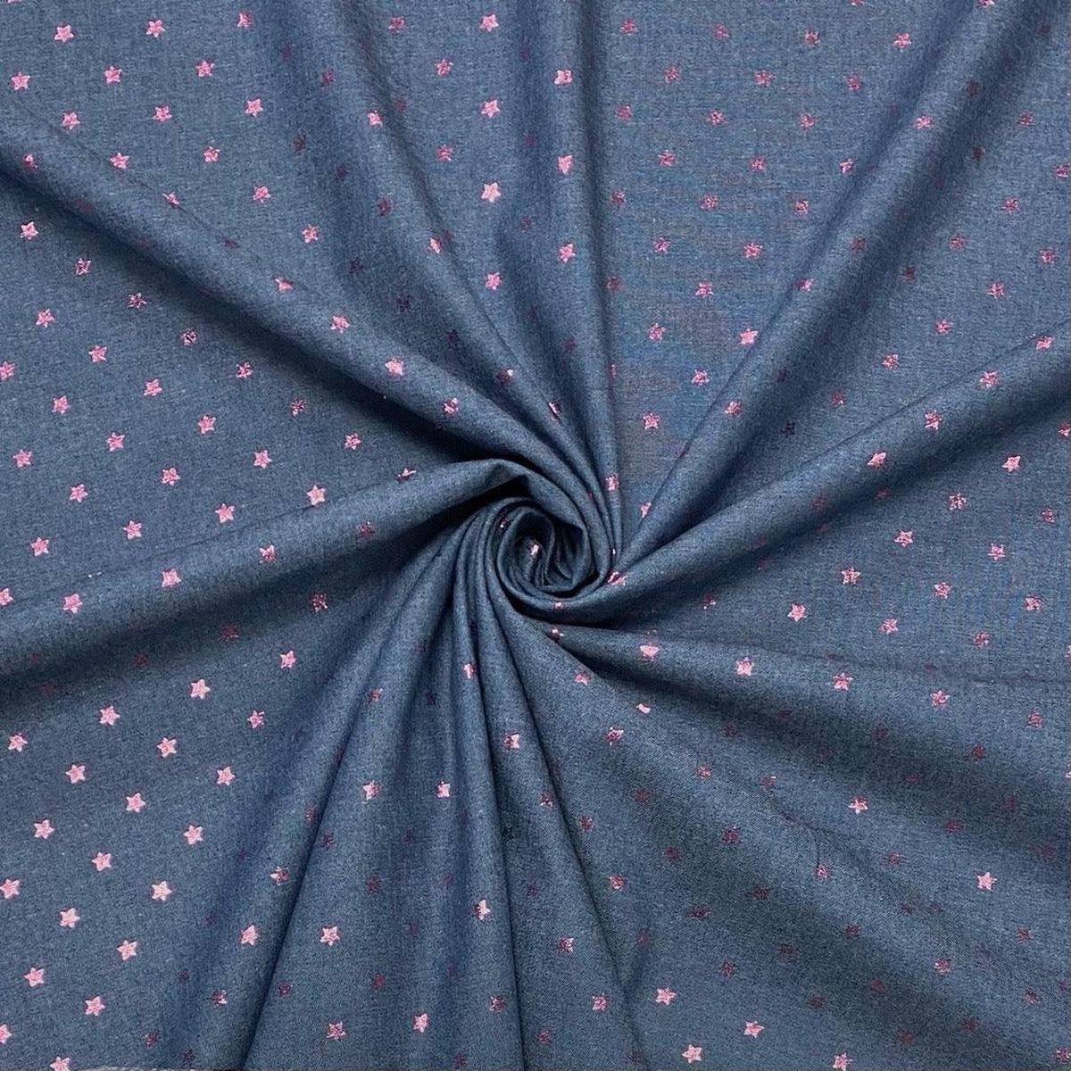 Foil Pink Stars Chambray Denim Fabric