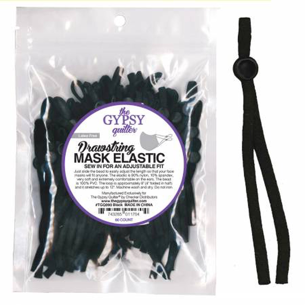 Gypsy Quilter Drawstring Mask Elastic Black - 8in - 60ct