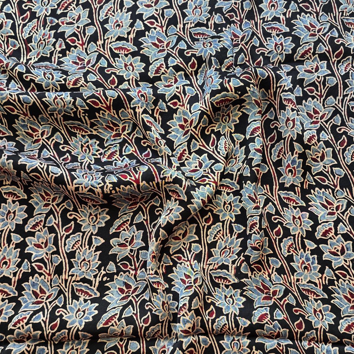 Modal Silk Black With Rust Blue Flower Creeper Fabric