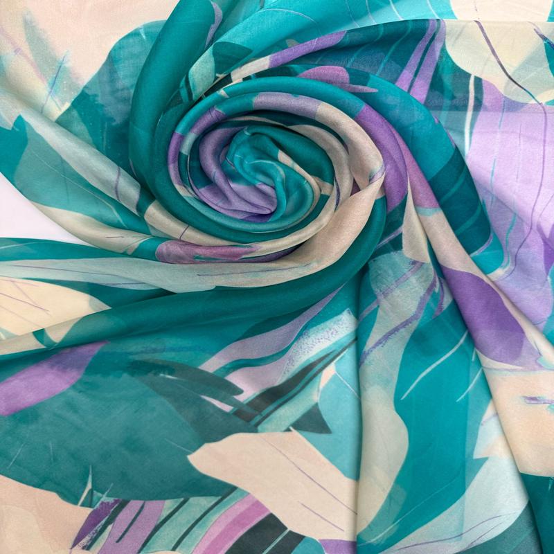 Printed Floral Purple-Green Silk Viscose Chiffon