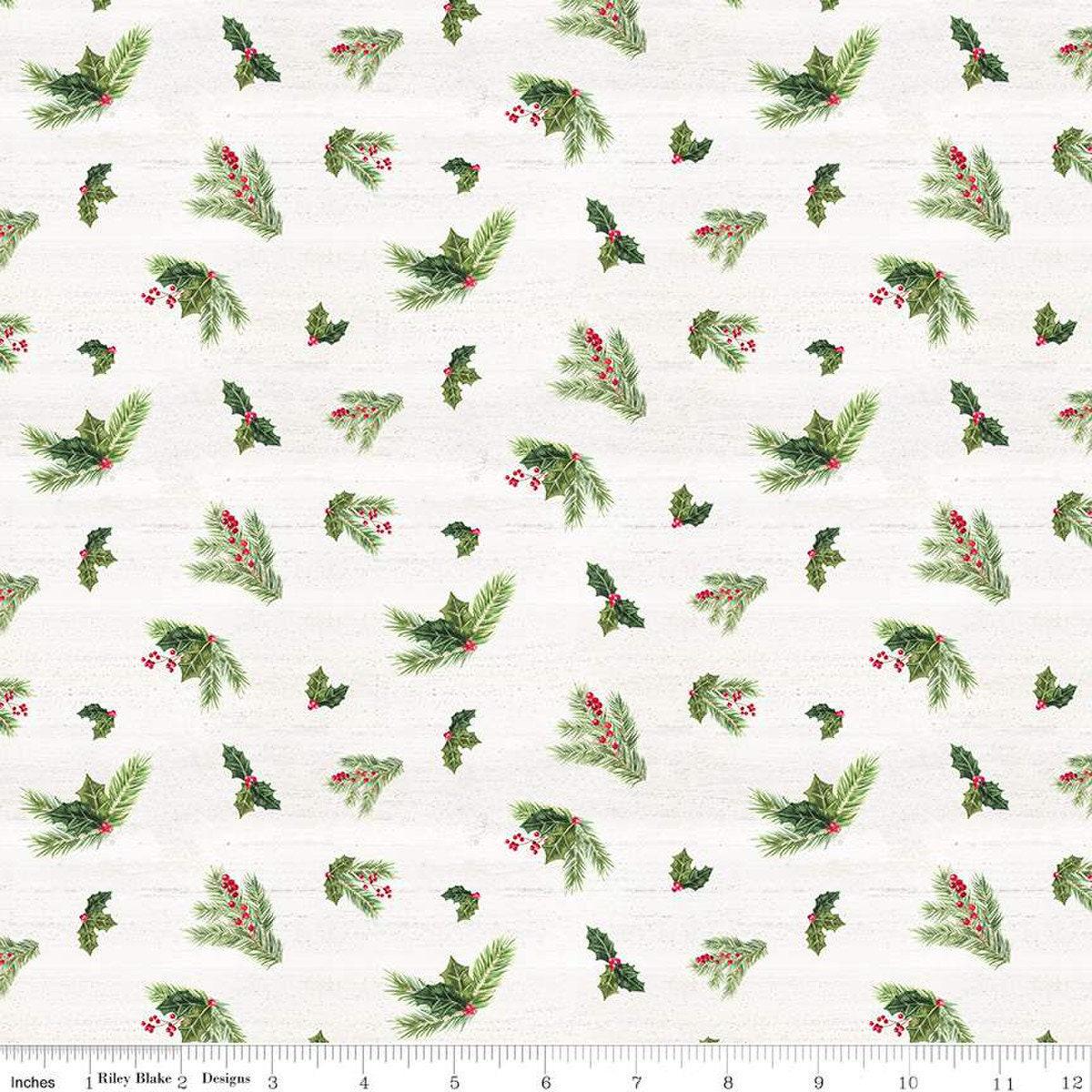 15" End of Bolt - SALE Monthly Placemats December Holly C12423 Cream - Riley Blake Designs - Christmas Pine Needles Sprigs - Quilting Cotton