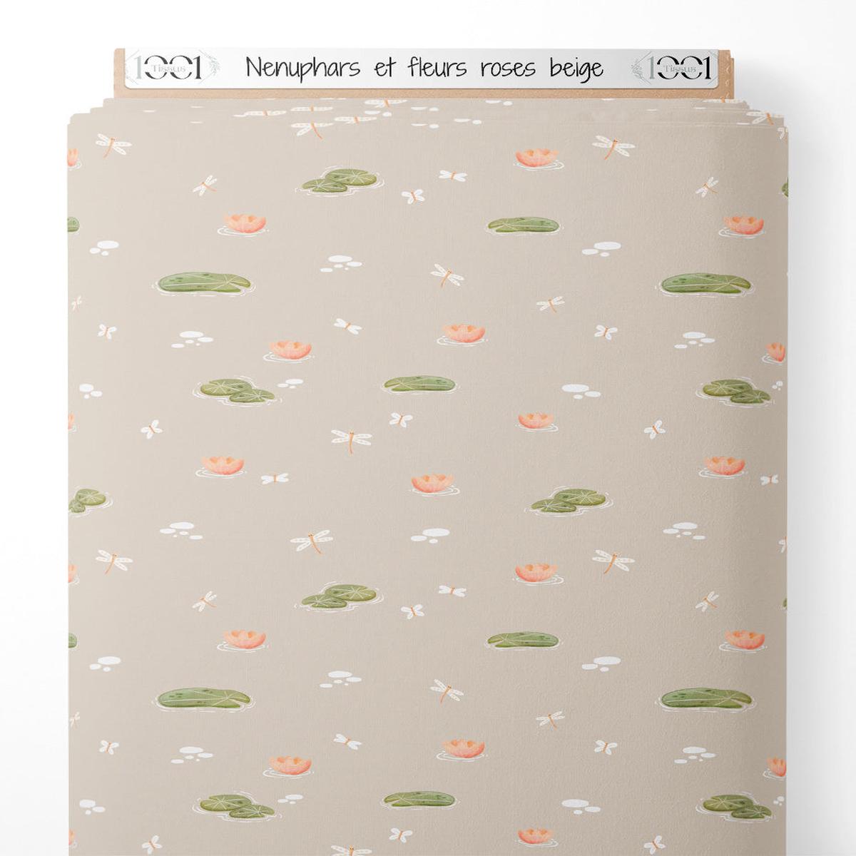 Tissu - Nnuphars et fleurs roses beige