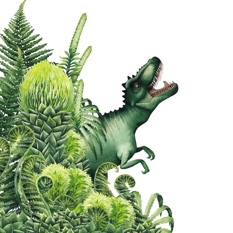 Watercolor Dinosaur T-Rex In Plants Fabric Panel