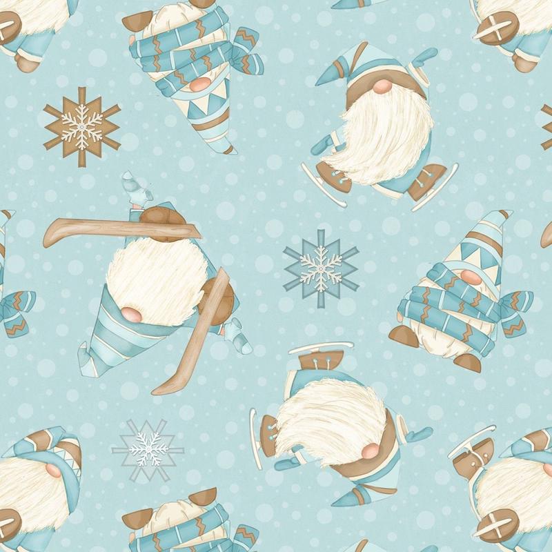 I Love SN'Gnomes by Shelly Comisky Skiing Gnomes Aqua F9641-11 100% Cotton Flannel Fabric