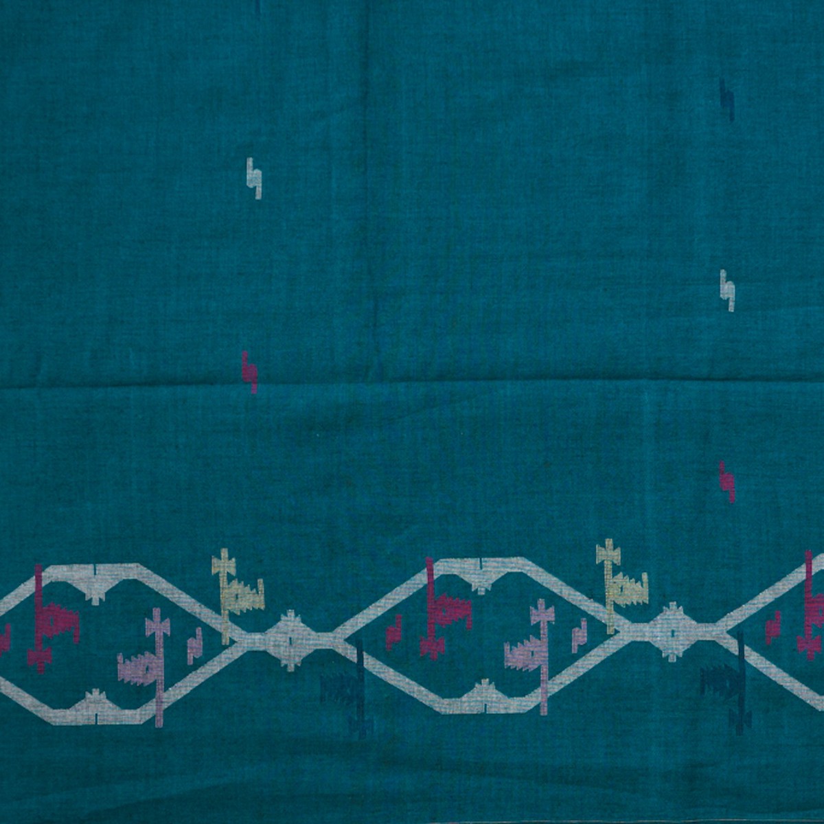 MUL Jamdani Teal Blue With Flower Motif And Border Design Woven Fabric