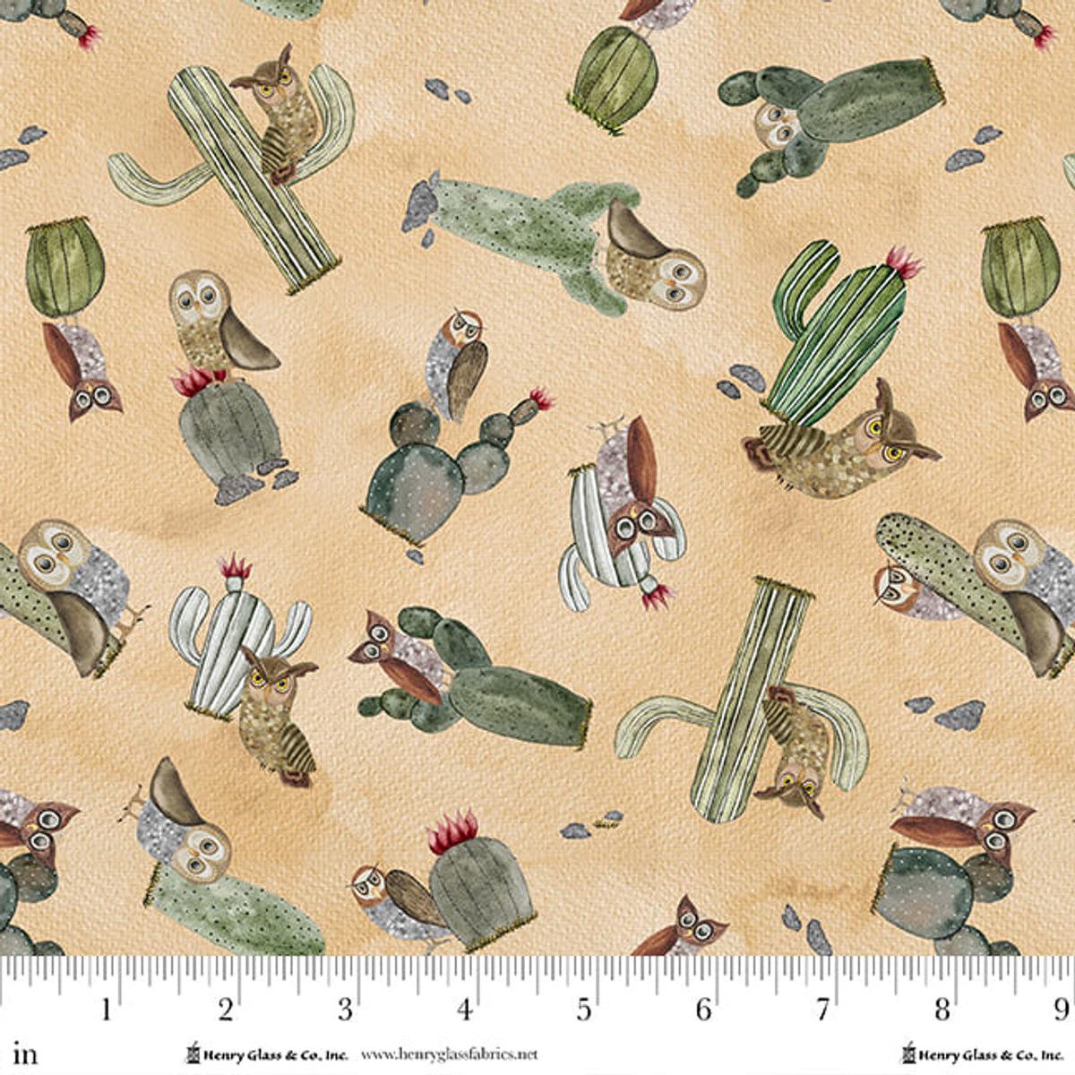 Magical Desert Quilt Fabric - Cactus and Owls in Sepia Tan - 2079-34