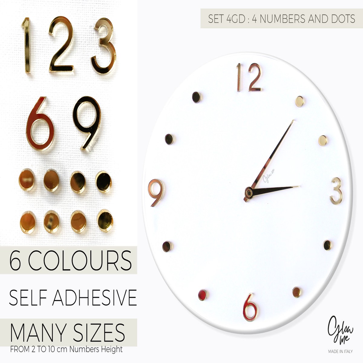 MOD 4GRD - SET OF 4 ACRILIC NUMBERS AND 8 ROUND DASHES FOR CLOCK MAKING - SELF ADHESIVE - 6 MIRRORED COLOURS MANY SIZES TO CHOOSE