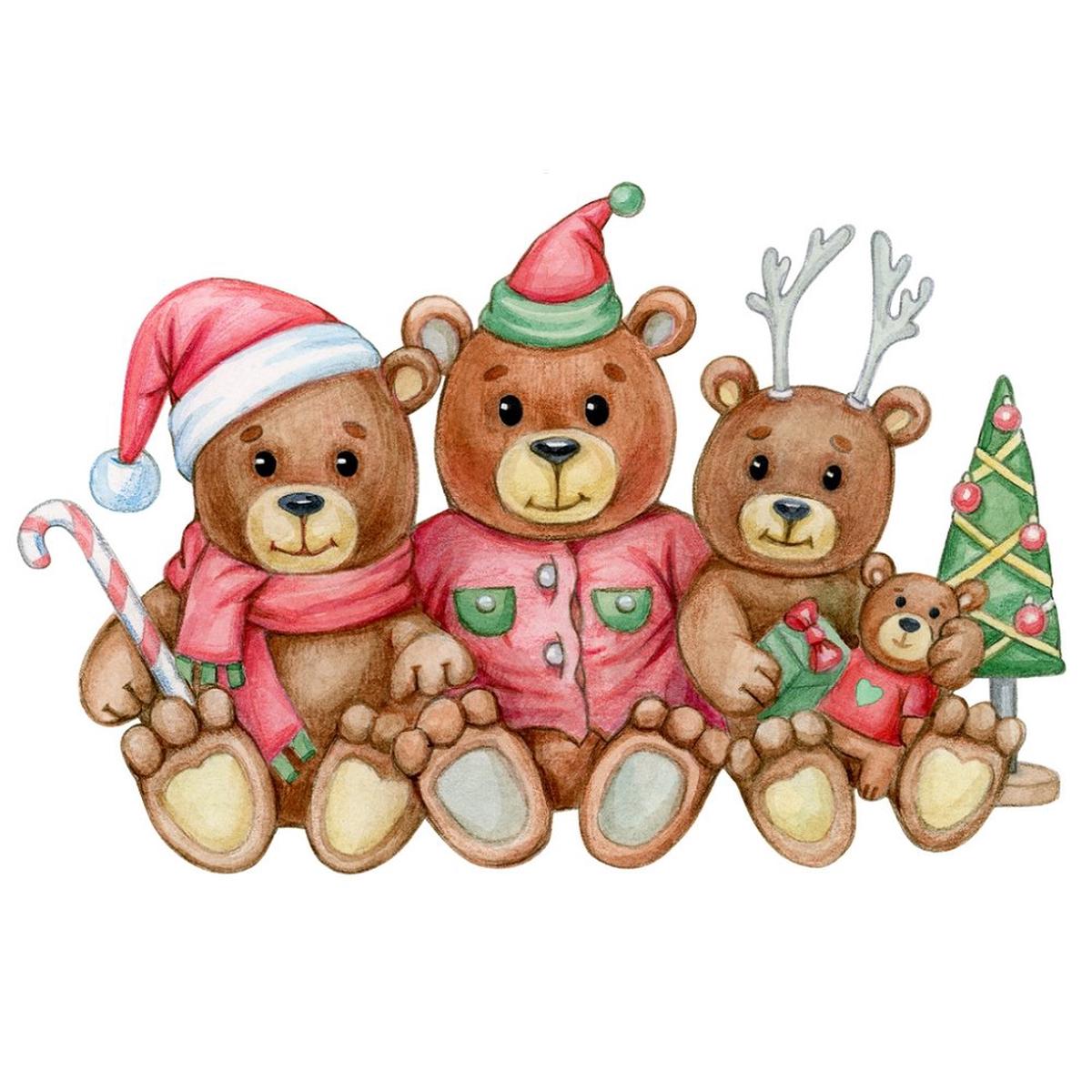 A Teddy Bear Family Christmas Fabric Panel