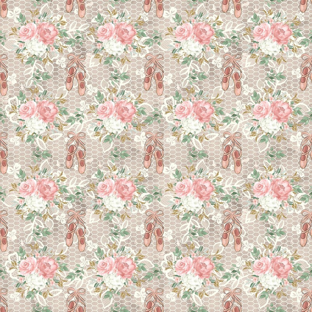 Elegant Honey Comb and Floral Bouquet Fabric - Tan