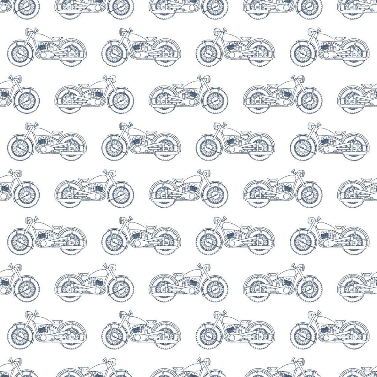 Hand Drawn Vintage Motorcycle Fabric - Blue