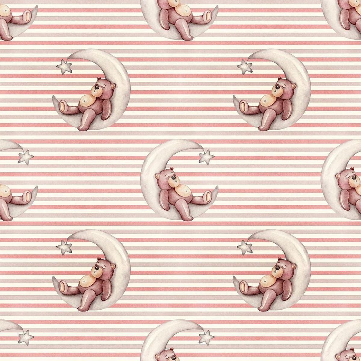 Nursery Bear Sleeping Moon on Stripes Fabric