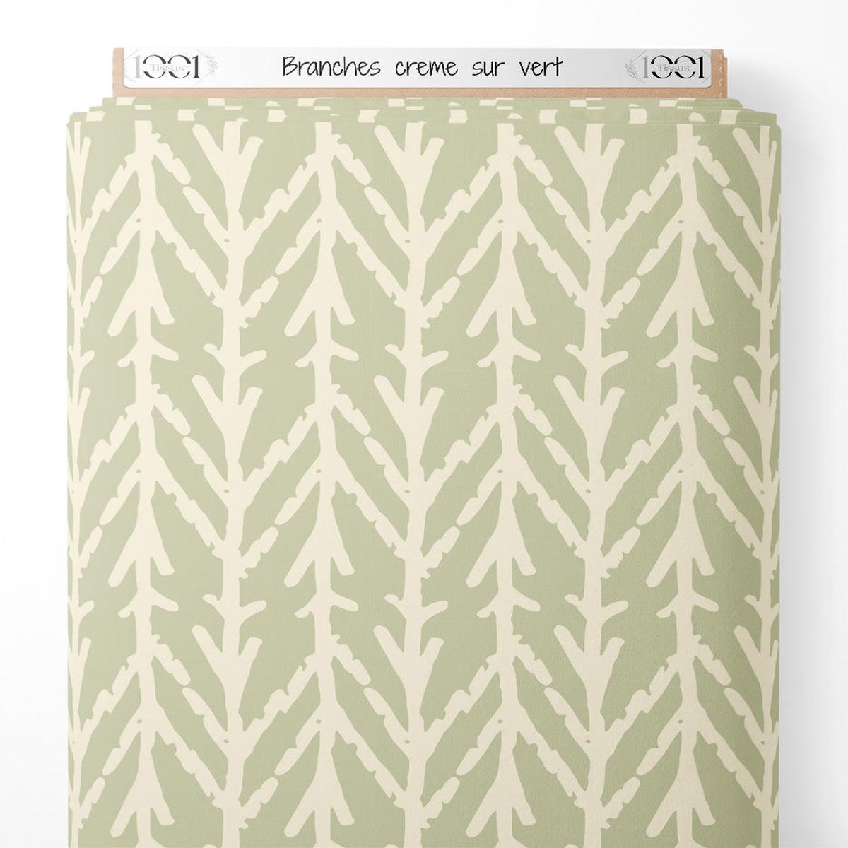 Tissu - Branches crme sur vert