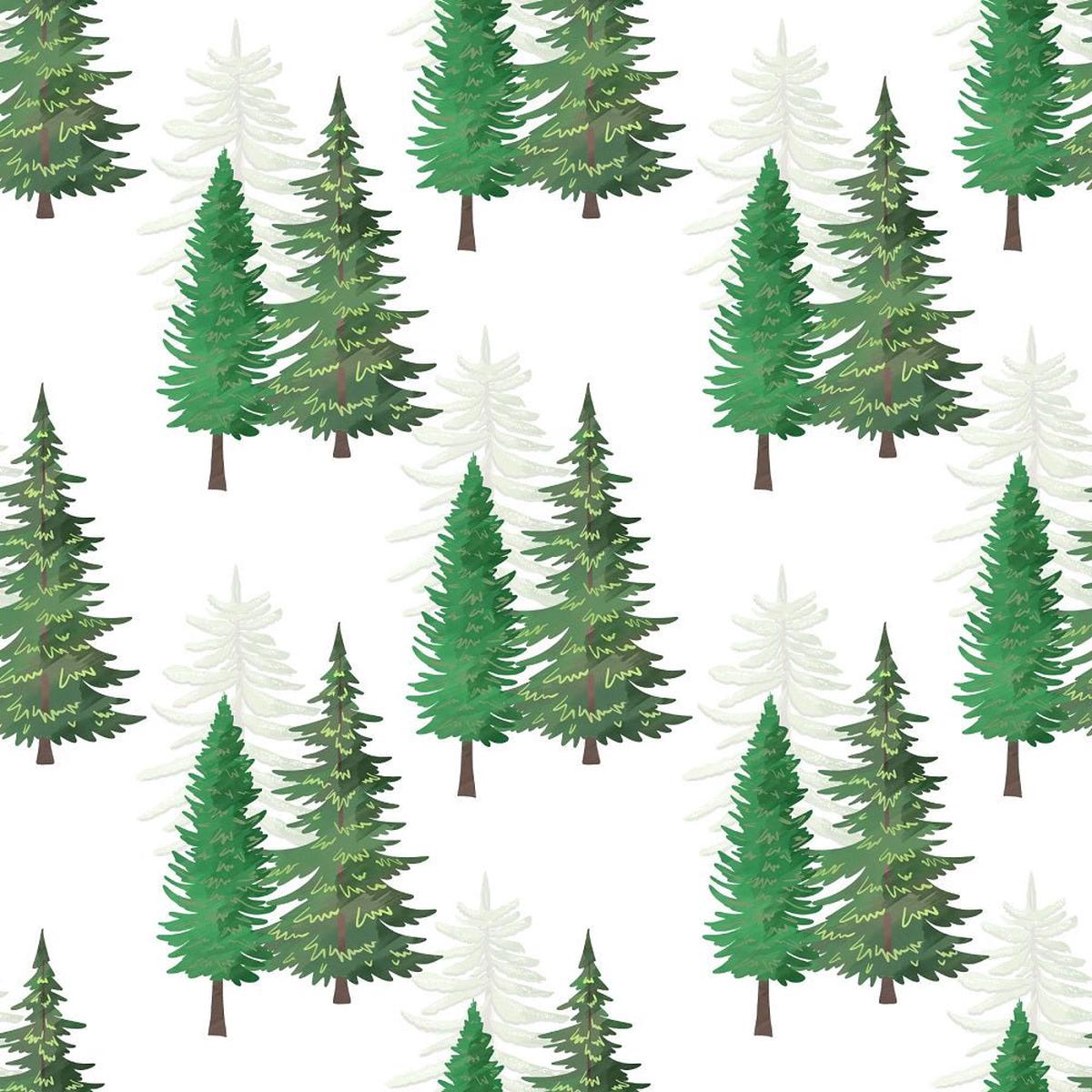 Watercolor Pine Trees Pattern 1 Fabric - White