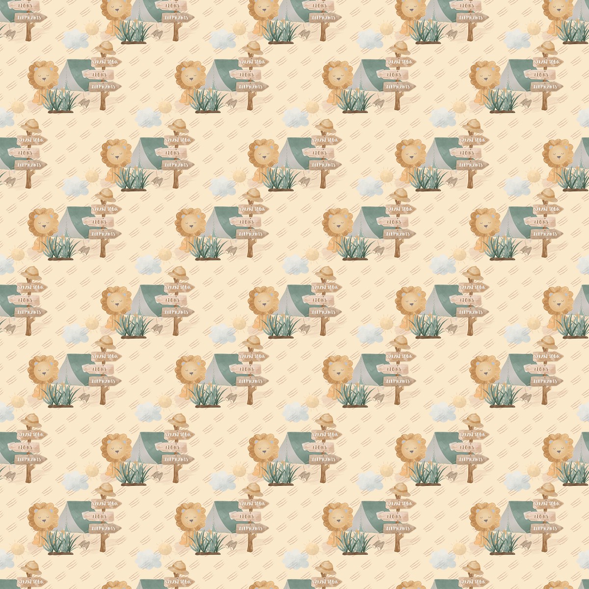 Lion Camp In The Safari Fabric - Yellow