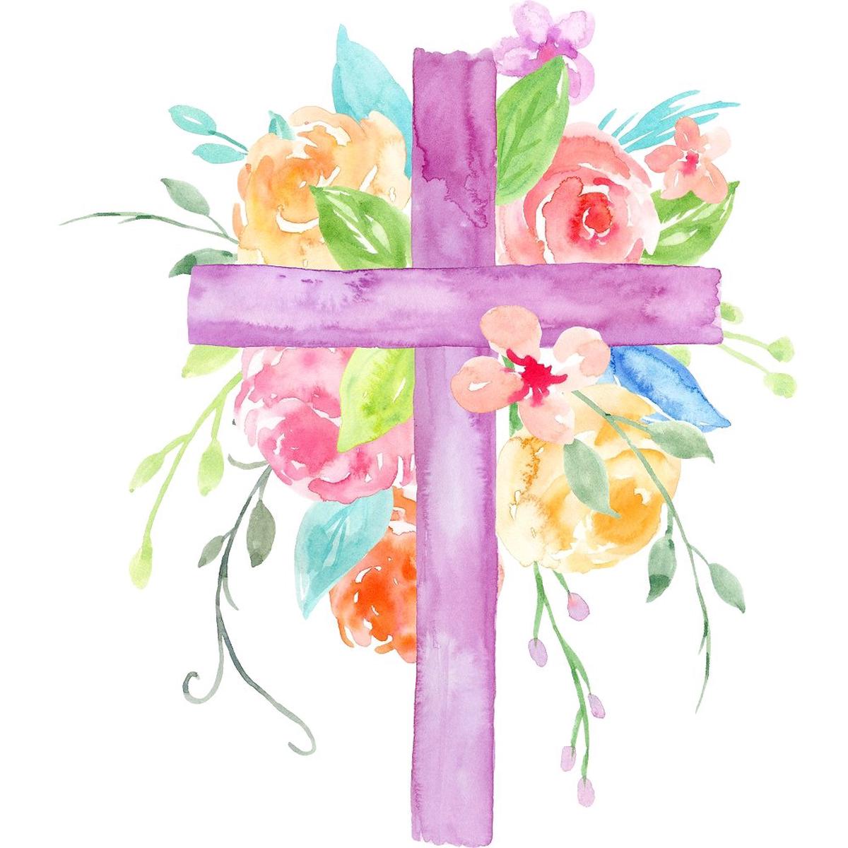 Pastel Watercolor Floral Cross Fabric Panel - Purple