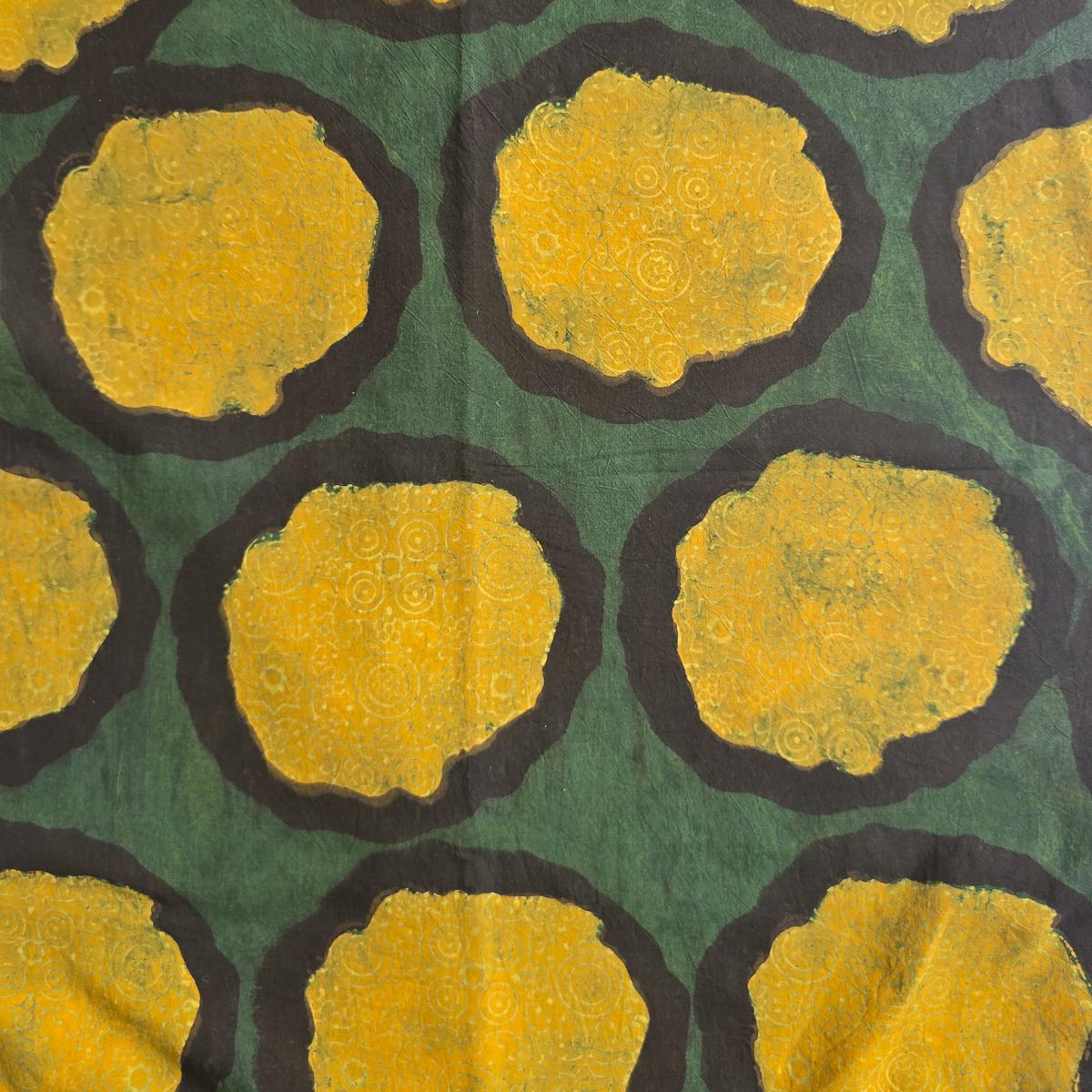 Pure Cotton Ajrak Green With Yellow Intricate Design Motif Hand Block Print Fabric