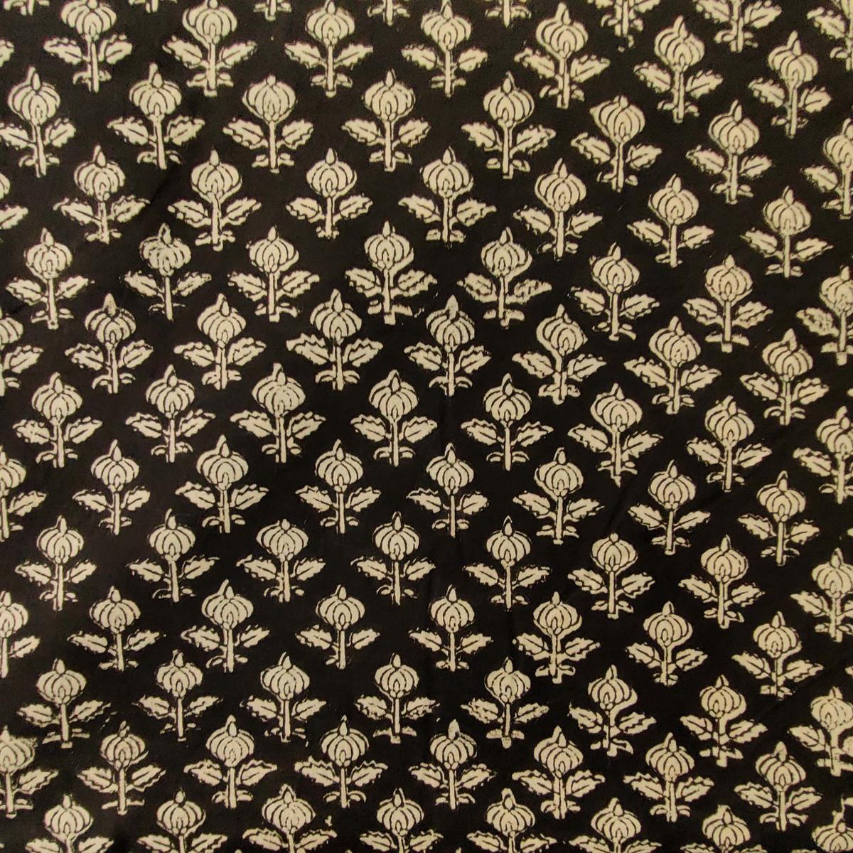 Pure Cotton Bagru Black With Tiny Bud Plant Motif Hand Block Print Fabric