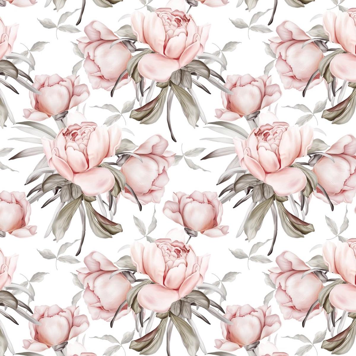 Spring Peonies Bouquets Fabric - White
